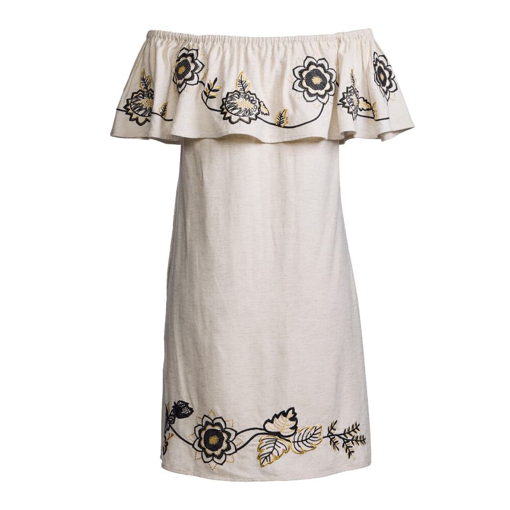 Boston Proper Linen Floral Embroidered Off Shoulder Shift Dress XL Flax Cream - Picture 3 of 10